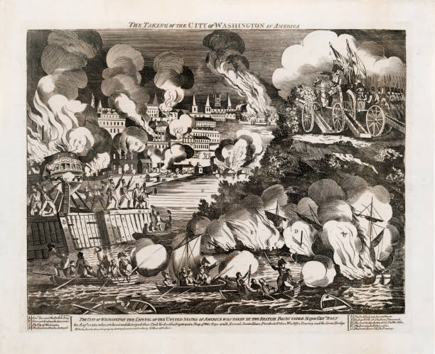 The Burning of the City of Washington, 1814 Vintage illustration features the 1814 British invasion of Washington City (now Washington D.C.), the capital of the United States, during the Chesapeake Campaign of the War of 1812. 1814 stock illustrations