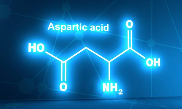 Aspartic acid formula Amino acid. Aspartic acid structural formula. Infographics illustration. Lines and dots connected background. 3D rendering. Neon shine chemical formula for aspartame stock pictures, royalty-free photos & images