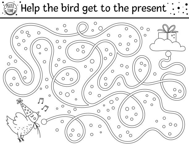 子供のための誕生日の黒と白の迷路。休日の概要就学前の印刷可能な教育活動。面白いラインb-デイパーティーゲームやかわいいチキンとパズル。鳥が現在に到達するのを助ける - 3894点のイラスト素材／クリップアート素材／マンガ素材／アイコン素材