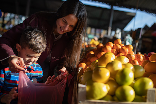 A young mom is showing her cute son what she bought at a citrus fruit stall at the farmers' market