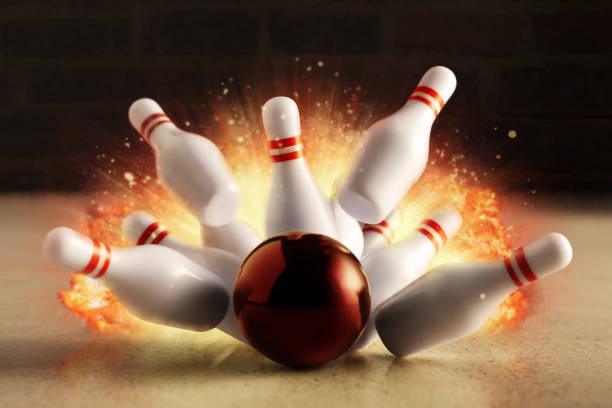 istock Bowling strike hit with fire explosion. Minimal concept of success and win. 1295494461