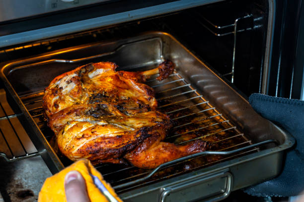 istock the baked chicken is removed from the oven 1295494483