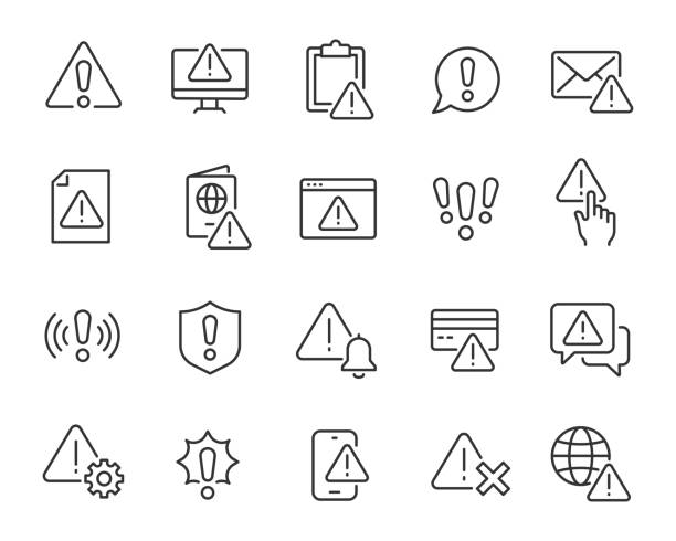ilustrações de stock, clip art, desenhos animados e ícones de warning icons set. collection of linear simple web icons such as exclamation mark, warning sign, security, error, attack, stop, notification and others. editable vector stroke. - security