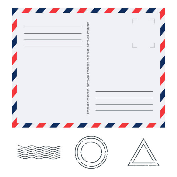 illustrations, cliparts, dessins animés et icônes de carte postale dans le modèle de courrier d’air avec la texture de papier et les tampons en caoutchouc sur le fond blanc. illustration vectorielle. - lettre par avion
