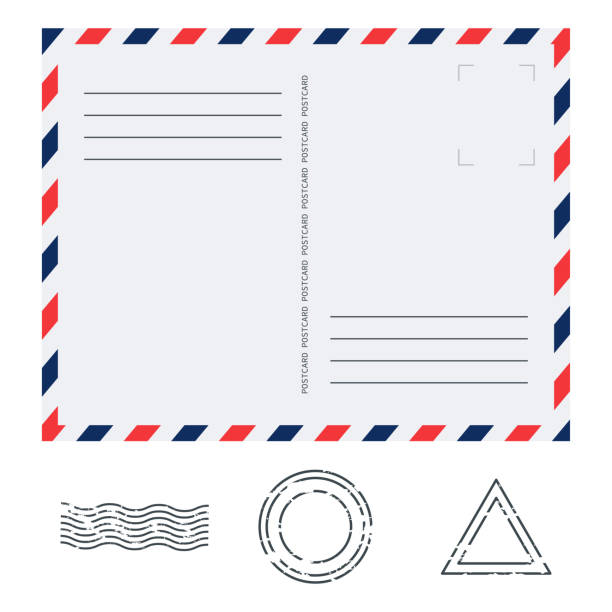 ilustrações de stock, clip art, desenhos animados e ícones de postcard in air mail style with paper texture and rubber stamps on white background. vector illustration. - air mail mail envelope blank