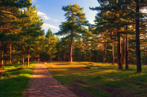 Oil landscape painting showing footpath through the park on a sunny day.
