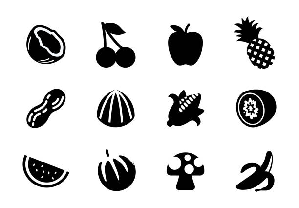 ilustraciones, imágenes clip art, dibujos animados e iconos de stock de conjunto de iconos de ilustración vectorial de frutas. coco, cereza, manzana, piña, cacahuete, maíz, kiwi, sandía, melón, champiñón, banana colección de símbolos aislados. alimentos vegetarianos - symbol food salad icon set