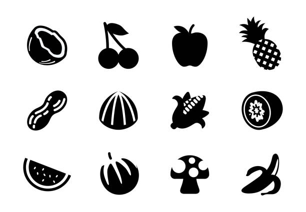 illustrations, cliparts, dessins animés et icônes de ensemble d’icônes d’illustration de vecteur de fruits. noix de coco, cerise, pomme, ananas, arachide, maïs, kiwi, pastèque, melon, champignon, banane collection de symboles isolés. aliments végétariens - lemon portion citrus fruit juice