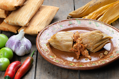 Tasty beef tamale on an artisan plate made of clay