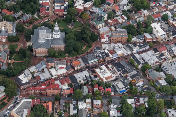istock Aerial Image, Annapolis, MD State House and Main Street 1295510954