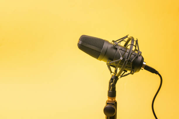 istock Modern condenser microphone on a stand on a yellow background. 1295511962