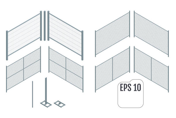 Isometric metal fence sections. Vector Isometric metal fence sections. Fencing constructor. Metal fence of various shapes. Elements of buildings and landscape design, vector illustration. barb feather part stock illustrations