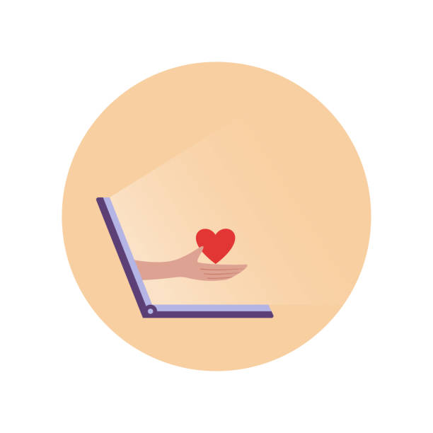 istock Laptop with hand keeping heart into the round background shape. Online communication or dating concept. Sutable for social media content, dating service. 1295513078
