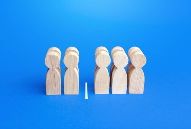 istock Four out of ten people separated by a line. Visualization of statistical data. 40% of 100%. Less than half. Dividing people into two groups on different issues. Polls and test results 1295518814