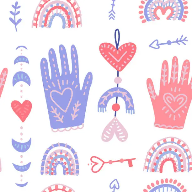 Vector illustration of Magic hands and love moon phases. Hand drawn flat seamless pattern for Valentine s day cards or banners.