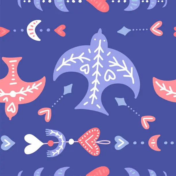Vector illustration of Boho style Flying swallow seamless pattern with heart and moon phases. Vector flat hand drawn illustration