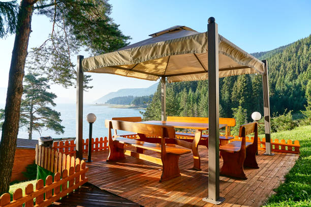 istock Relaxing pergola with wonderful landscape view 1295520539