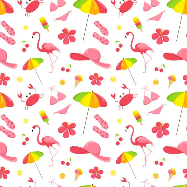 Vector illustration of Tropical pattern with flamingos, crabs, flowers, ice cream, berries, swimsuit and umbrellas. Vector illustration.