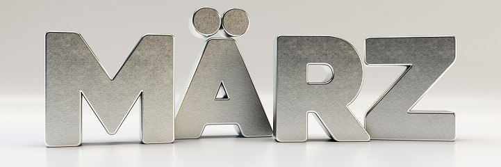 März - March- month in German 3d metal material text typography, 3d render illustration