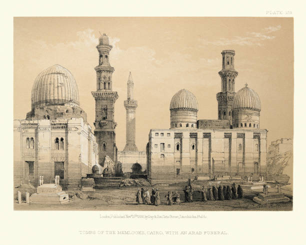 아랍 장례식과 함께 하는 카이로 의 움스룩스 무덤 - egypt islam cairo mosque stock illustrations