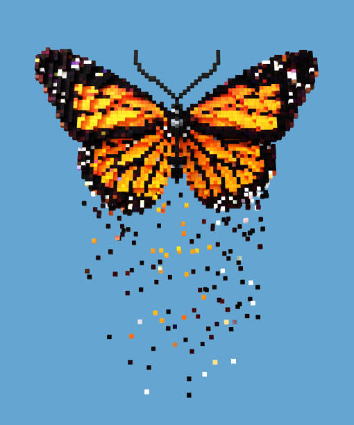 3D pixel art orange butterfly on blue background