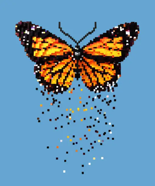 3D pixel art orange butterfly on blue background. 3D Illustration.