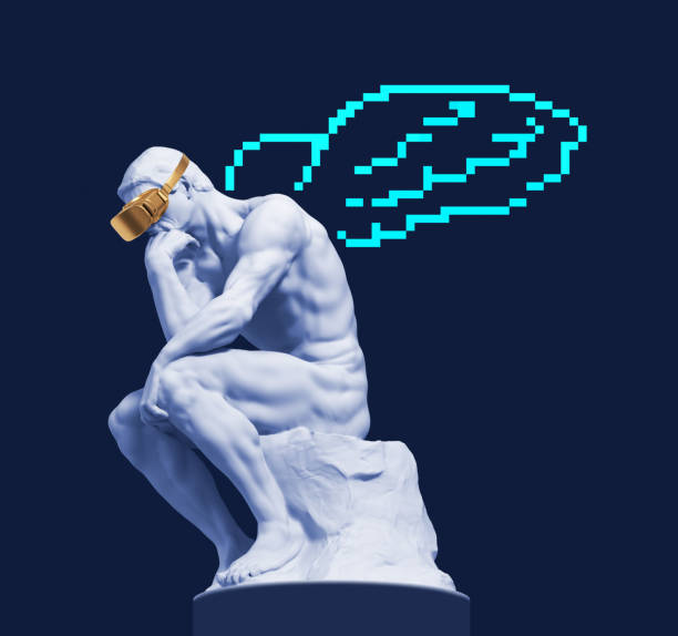 istock Sculpture of a thinker with virtual reality glasses and digital wings behind his back 1295526236