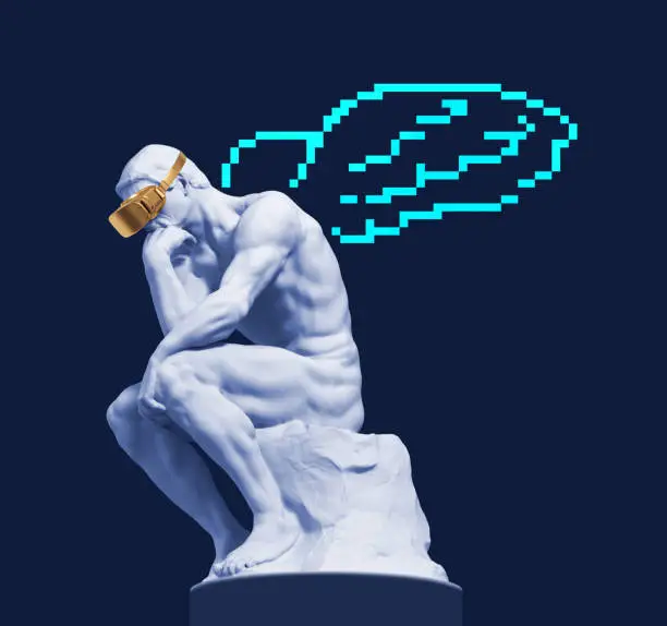 Sculpture of a thinker with virtual reality glasses and digital wings behind his back. 3D illustration.