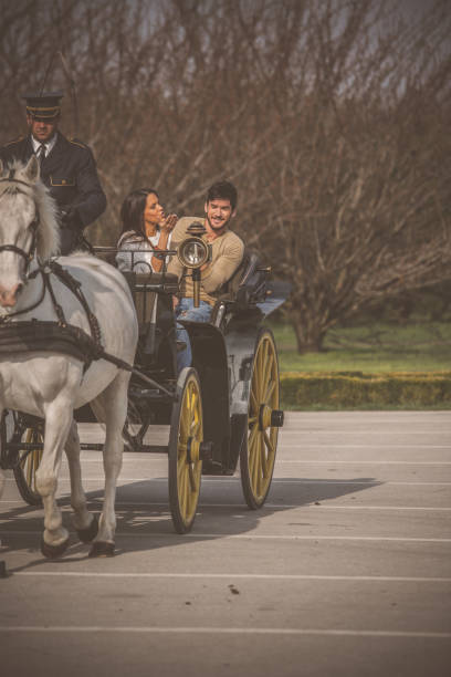istock Couple having a discussion while riding in a chariot 1295527272