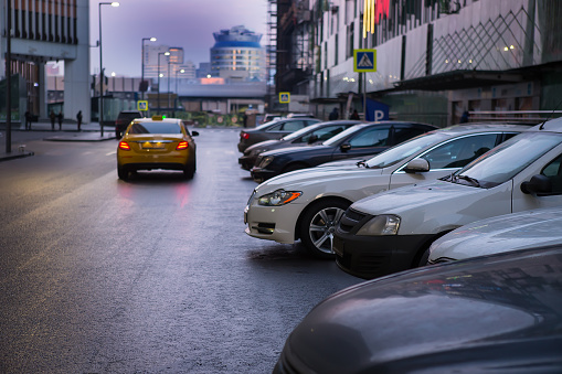 Empty asphalt road and urban residential buildings