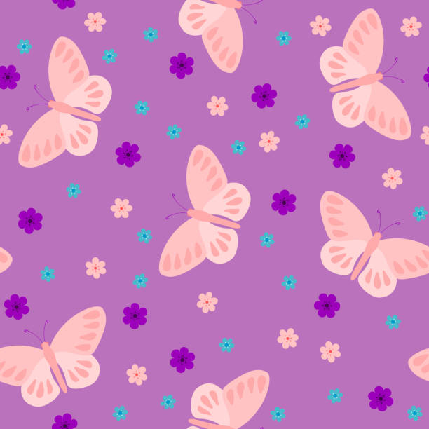 bildbanksillustrationer, clip art samt tecknat material och ikoner med rosa fjärilar på en lila bakgrund. sömlös mönsterbakgrund. upprepande vektor för barn centrum, dagis, tapeter. - skräpig trädgård hus