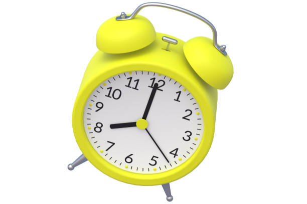 istock Yellow vintage analog alarm clock isolated on white background. 3d rendering 1295531593