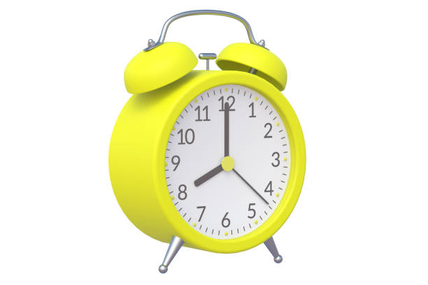 istock Yellow vintage analog alarm clock isolated on white background. 3d rendering 1295531595