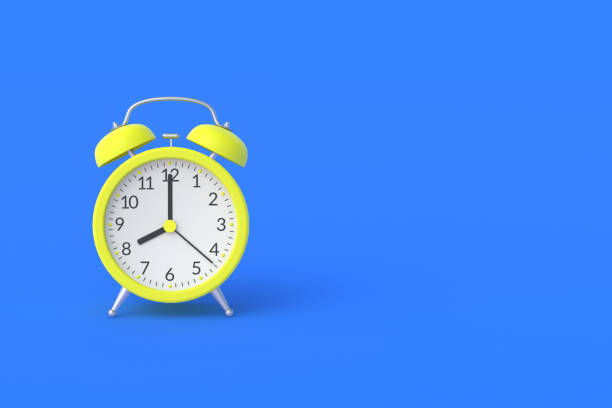istock Single yellow vintage analog alarm clock on blue background. Wake-up concept. Punctuality. Countdown and deadline. Sleeping time. Daily regime. Business planning. Copy space. 3d rendering 1295531610