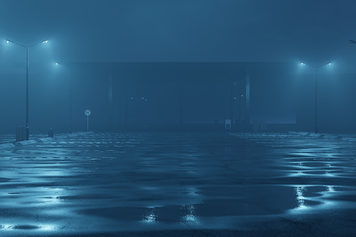 3d rendering of empty parking with puddles and street lamps covered in fog at night