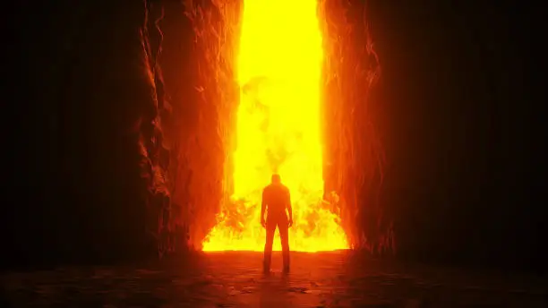 Sinner. A lonely sinfull man stands in front of a hell gates. Hell fire. Religious concept. 3d rendering