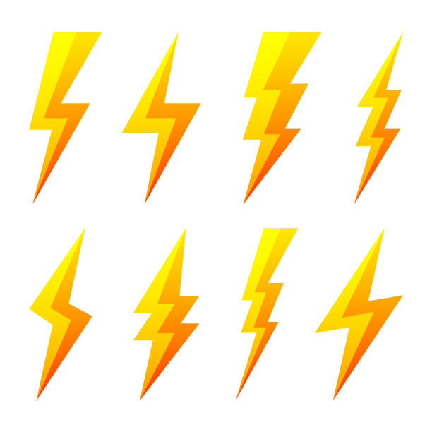 żółte ikony błyskawic izolowane na białym tle. symbol lampy błyskowej, piorun. prosty znak uderzenia pioruna. ilustracja wektorowa - lightning strike stock illustrations