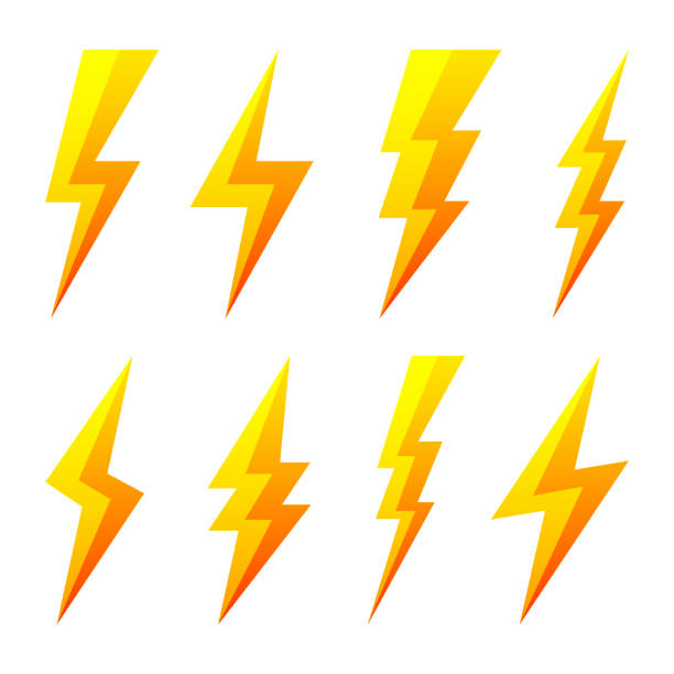 ilustrações, clipart, desenhos animados e ícones de ícones de raios amarelos isolados no fundo branco. símbolo de flash, raio. simples sinal de relâmpago. ilustração vetorial - pino de boliche