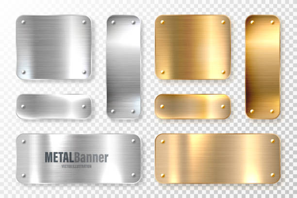 istock Realistic shiny metal banners set. Brushed steel and copper plate. Polished silver metal surface. Vector illustration 1295543232