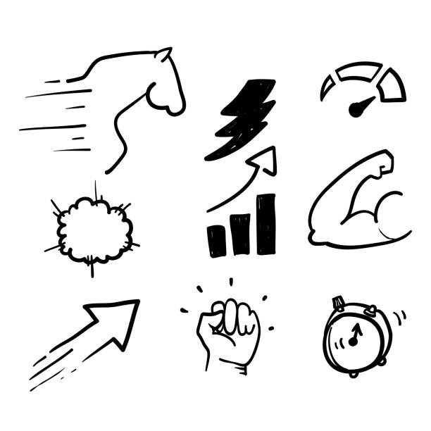 ręcznie rysowane doodle wydajność związane ilustracja ikony - quick draw stock illustrations