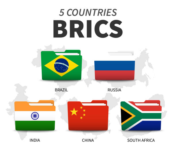 ilustrações, clipart, desenhos animados e ícones de brics. associação de 5 países. design da bandeira da pasta . fundo isolado branco e mapa do país. vetor. - brics