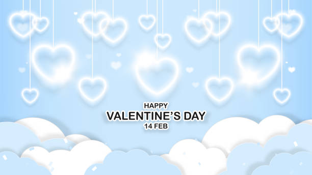 istock Valentine's day background. White lanterns hearts, Clouds, and heart shape bokeh isolated on light blue background. Symbol of love. Vector illustration. 1295558736