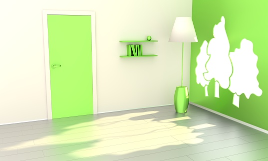 Empty room with sunlight shining through tree shaped window. 3D rendering.