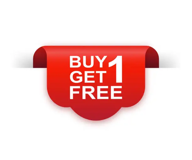 Vector illustration of Buy 1 get 1 free red ribbon isolated on white background. Red label, banner for any purposes. Vector illustration.