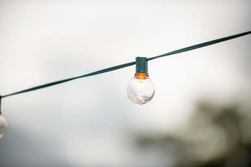 Warm ligh bulb on a string hanging outside on green wire