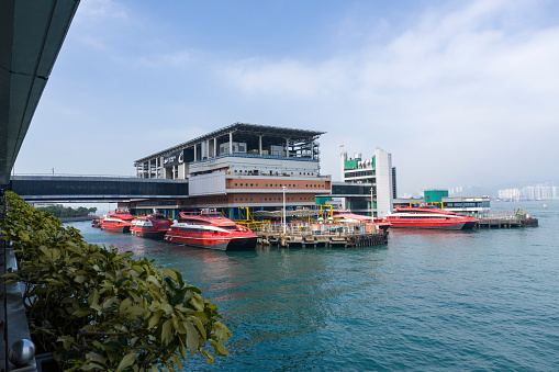 Hong Kong November 2020 : Turbojet in Hong Kong Macau Ferry Terminal at Victoria Habor. A ferry terminal provide ferry services to Macau and cities in southern China and heliport.