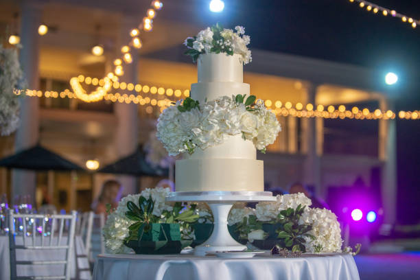 istock Beautiful Five tier wedding cake with Hydrangeas and white roses decorations at southern outdoor wedding reception 1295569017