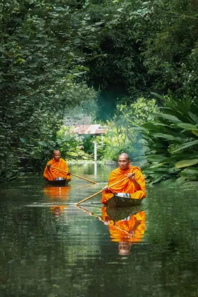 Photo of Monks rowing alms on the canal in the morning Through a tree tunnel In the water there is a reflection,The culture tradition Buddhist monk of making merit .