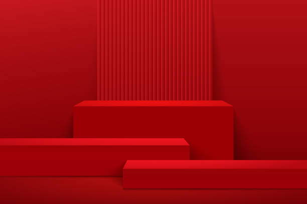 ilustraciones, imágenes clip art, dibujos animados e iconos de stock de visualización abstracta del cubo para el producto en el sitio web en moderno. renderizado de fondo con podio y escena de pared de textura roja mínima, diseño de forma geométrica de renderizado en 3d. estilo oriental. ilustración vectorial - podium