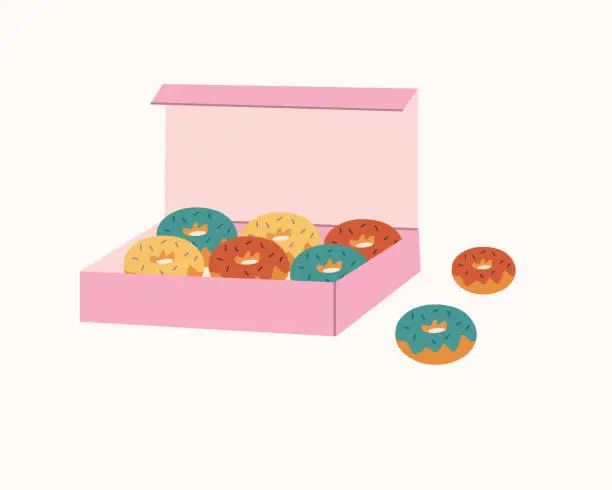 Vector illustration of Donuts glazed with colorful sugar  and topped with sprinkles lying in pink carton box and isolated on white background. Delicious fried dough confectionery or dessert. Vector flat illustration.